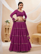 Jyoti Fashion Women's Purple Georgette Leheriya Printed with Lace Work Lehenga Choli & Dupatta