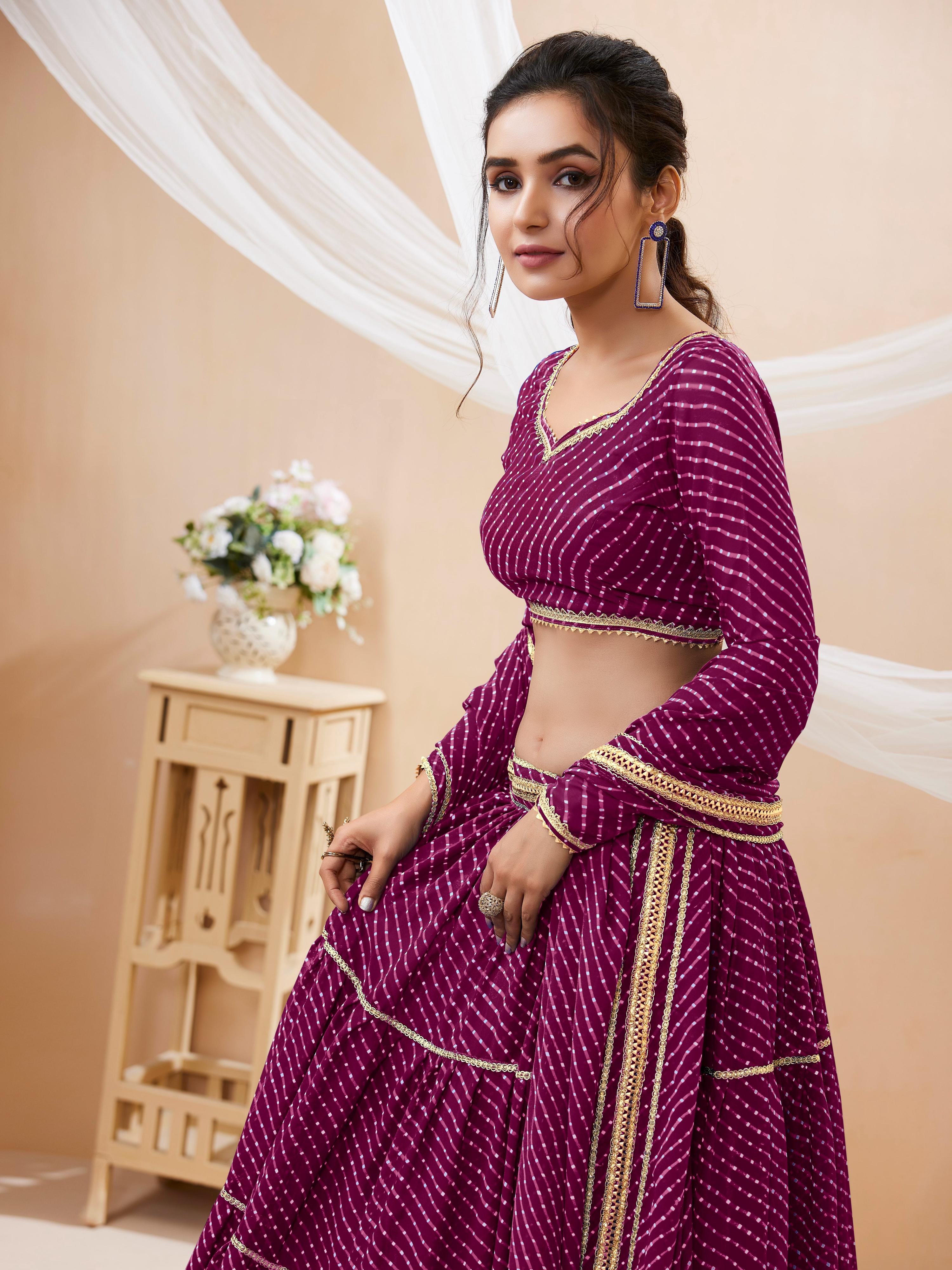 Jyoti Fashion Women's Purple Georgette Leheriya Printed with Lace Work Lehenga Choli & Dupatta