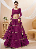 Jyoti Fashion Women's Purple Georgette Leheriya Printed with Lace Work Lehenga Choli & Dupatta