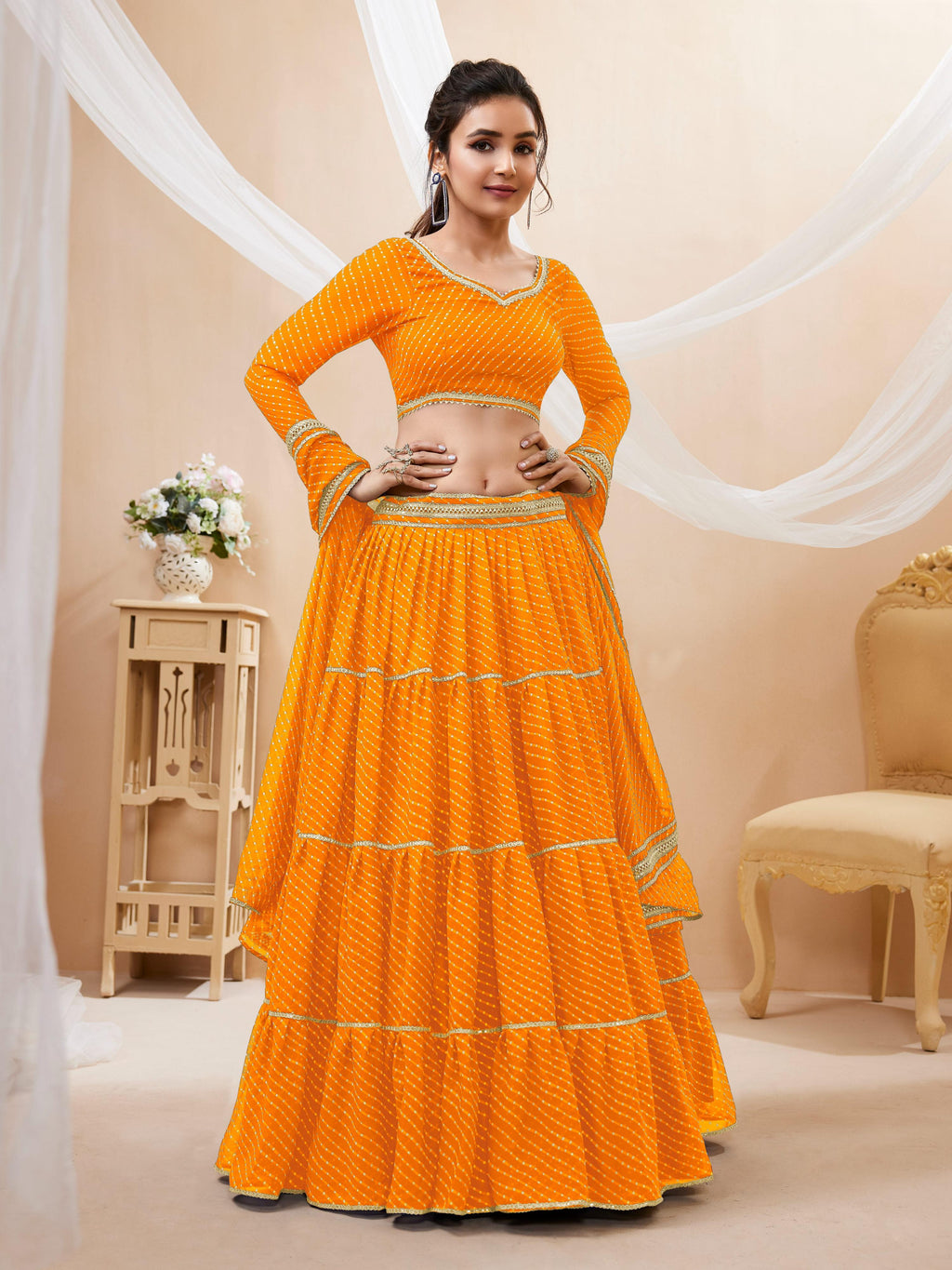 Jyoti Fashion Women's Yellow Georgette Leheriya Printed with Lace Work Lehenga Choli & Dupatta