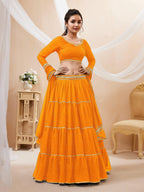 Jyoti Fashion Women's Yellow Georgette Leheriya Printed with Lace Work Lehenga Choli & Dupatta