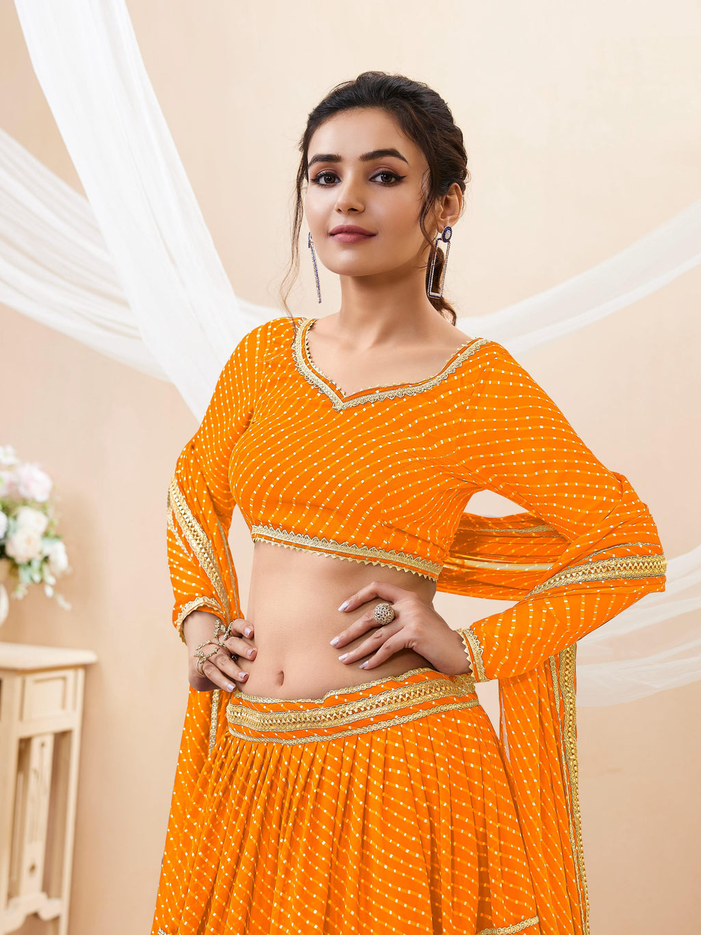 Jyoti Fashion Women's Yellow Georgette Leheriya Printed with Lace Work Lehenga Choli & Dupatta