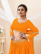 Jyoti Fashion Women's Yellow Georgette Leheriya Printed with Lace Work Lehenga Choli & Dupatta