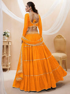 Jyoti Fashion Women's Yellow Georgette Leheriya Printed with Lace Work Lehenga Choli & Dupatta