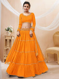 Jyoti Fashion Women's Yellow Georgette Leheriya Printed with Lace Work Lehenga Choli & Dupatta