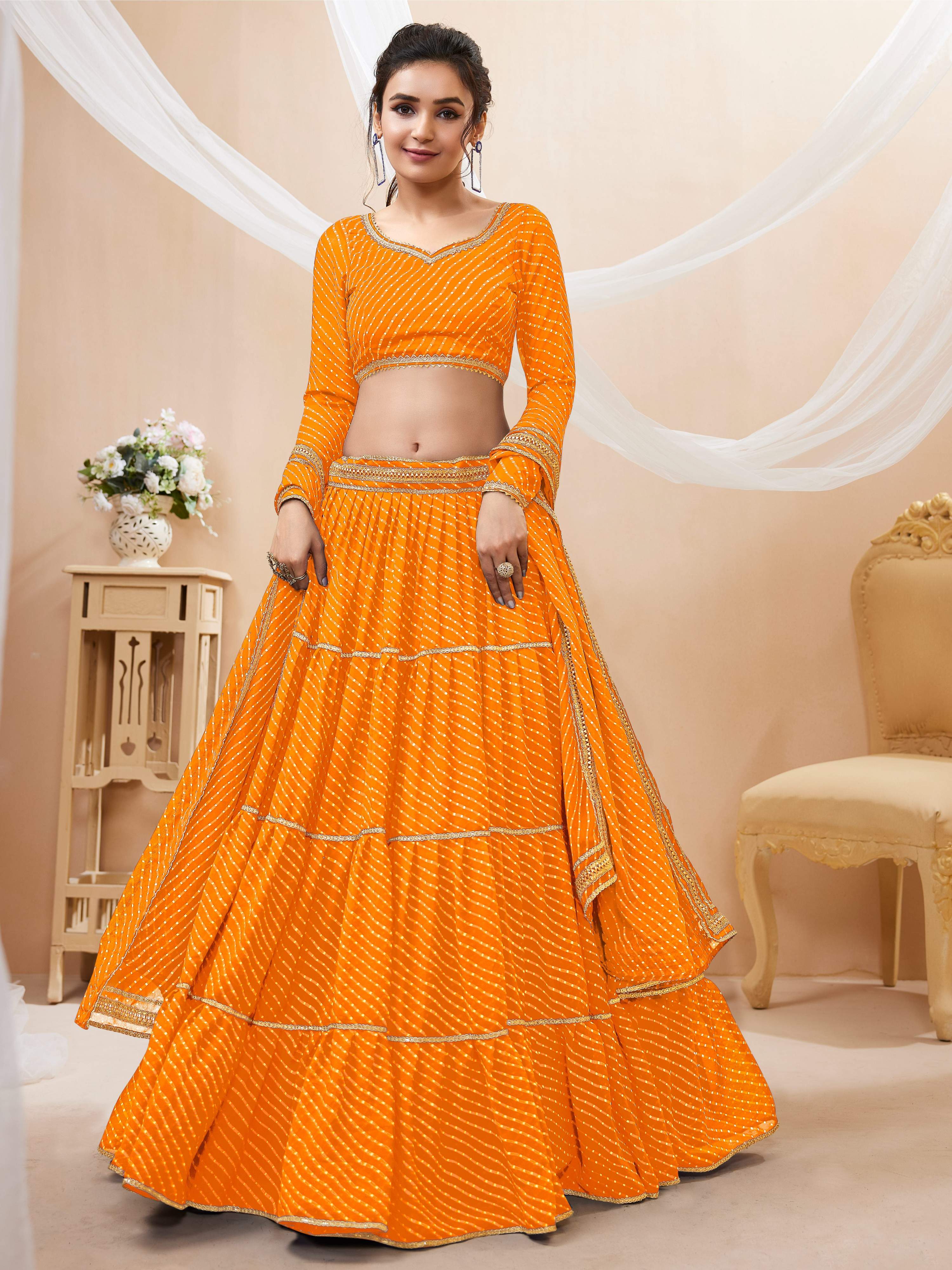 Jyoti Fashion Women's Yellow Georgette Leheriya Printed with Lace Work Lehenga Choli & Dupatta