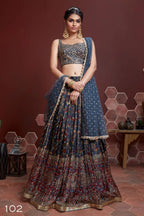 Jyoti Fashion Women's Blue Chinon Silk Digital Print with Heavy Embroidered Lehenga Choli & Dupatta