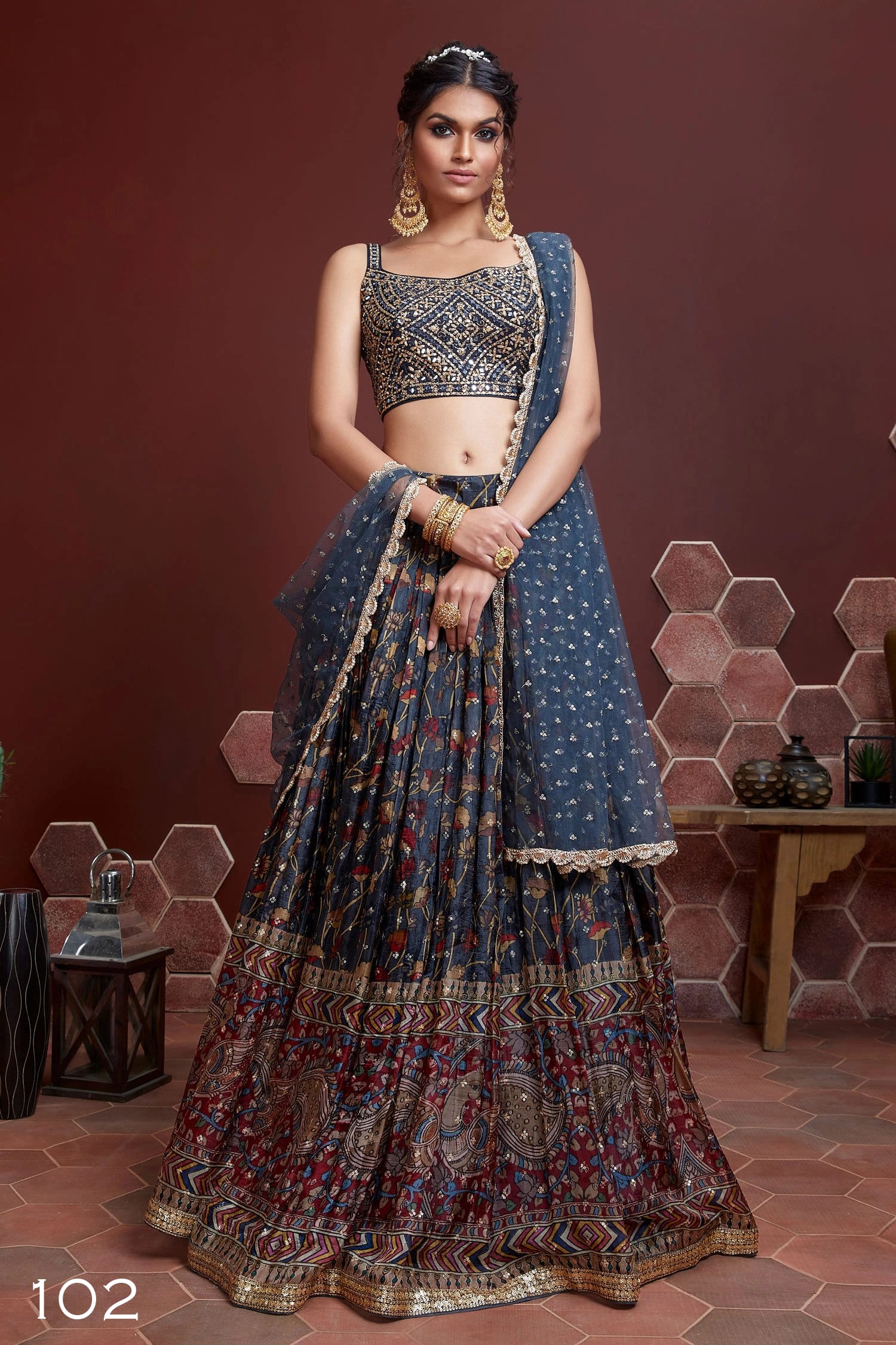 Jyoti Fashion Women's Blue Chinon Silk Digital Print with Heavy Embroidered Lehenga Choli & Dupatta