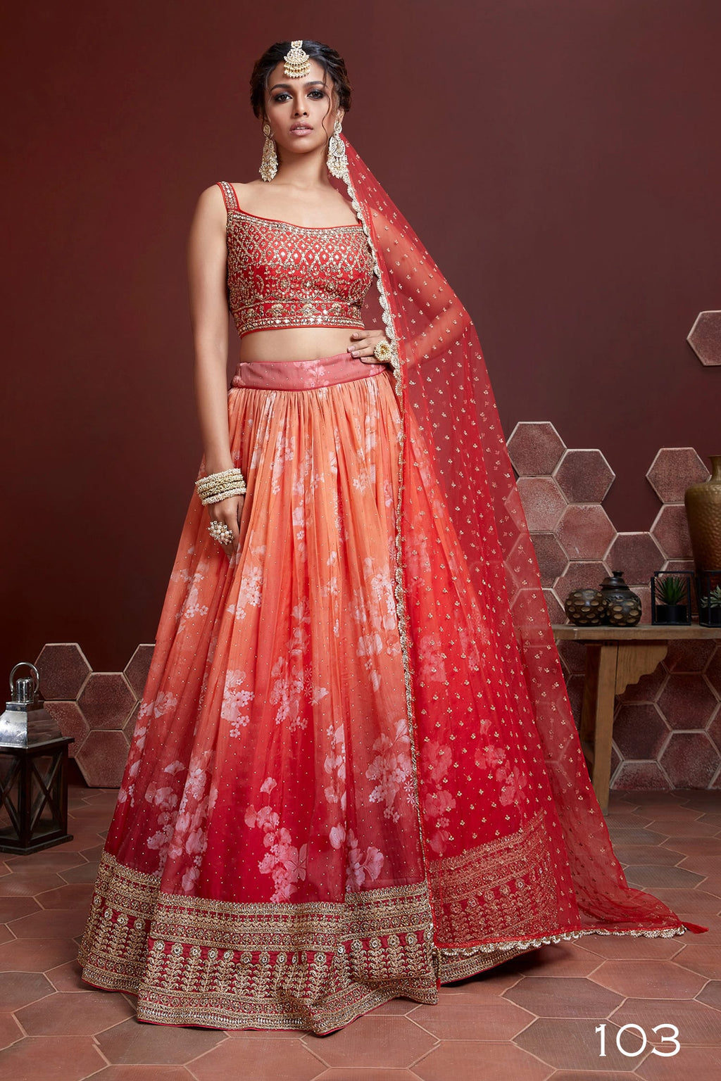 Jyoti Fashion Women's Orange Organza Silk Digital Print with Heavy Embroidered Lehenga Choli & Dupatta