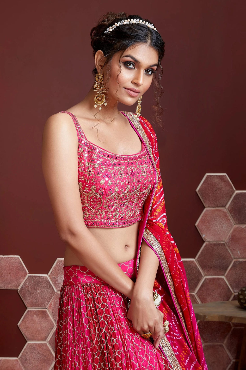 Jyoti Fashion Women's Pink Chinon Silk Digital Print with Heavy Embroidered Lehenga Choli & Dupatta