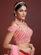 Jyoti Fashion Women's Peach Organza Silk Sequins Zari Embroidered Lehenga Choli & Dupatta