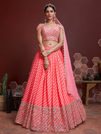 Jyoti Fashion Women's Peach Organza Silk Sequins Zari Embroidered Lehenga Choli & Dupatta
