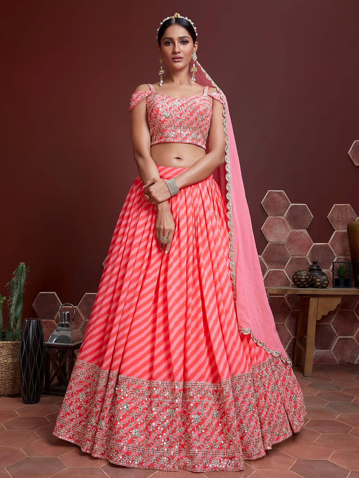Jyoti Fashion Women's Peach Organza Silk Sequins Zari Embroidered Lehenga Choli & Dupatta