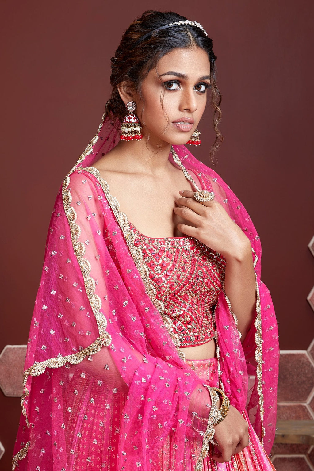 Jyoti Fashion Women's Pink Pure Chinon Silk Digital Print with Heavy Embroidered Lehenga Choli & Dupatta