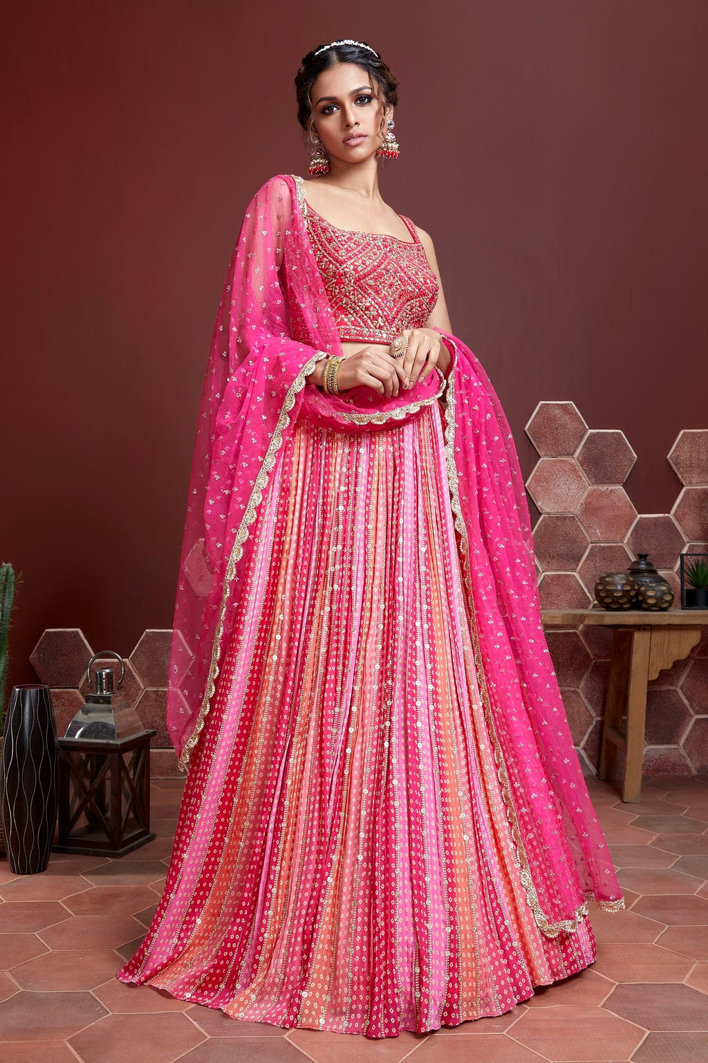 Jyoti Fashion Women's Pink Pure Chinon Silk Digital Print with Heavy Embroidered Lehenga Choli & Dupatta