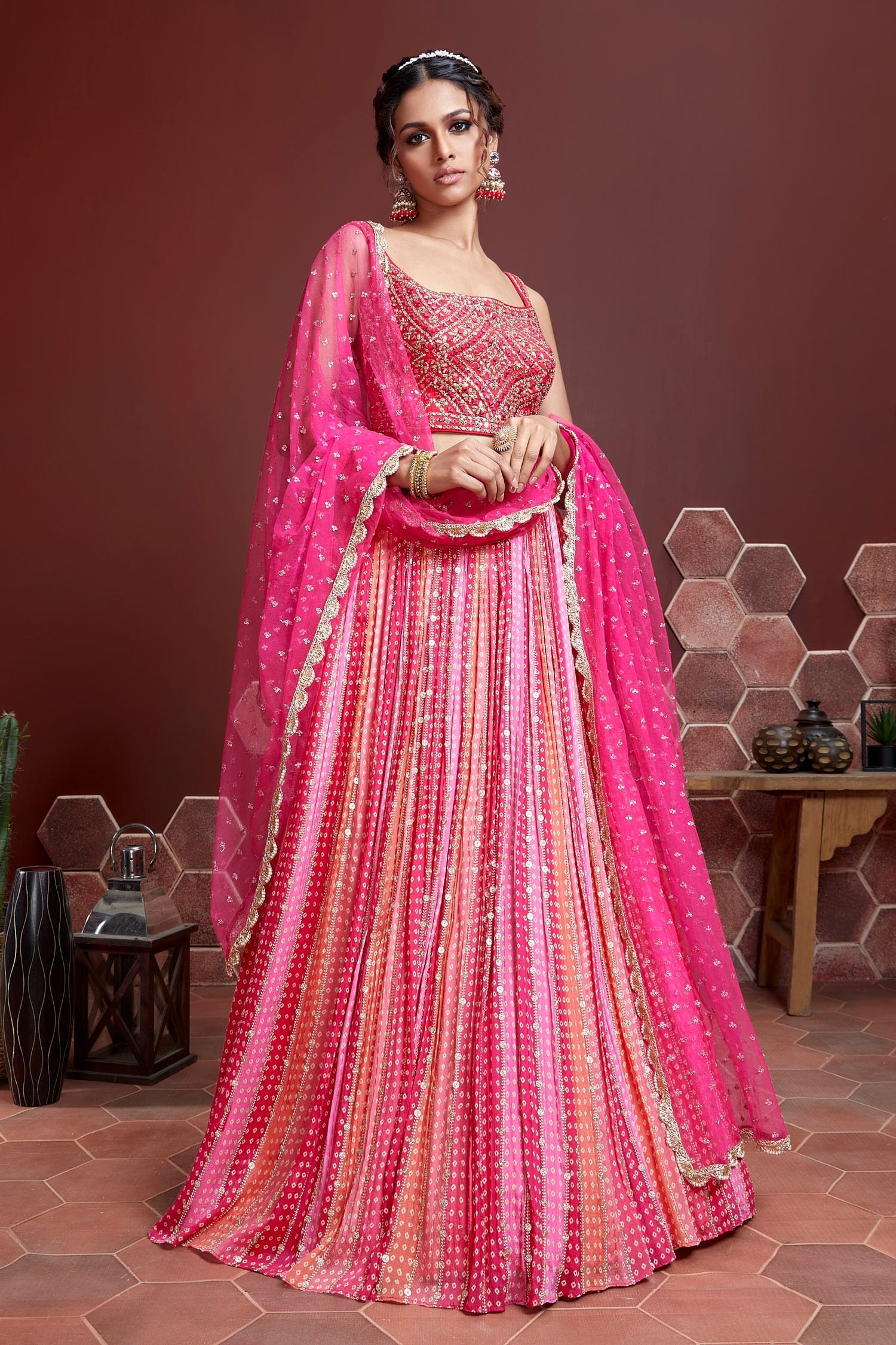 Jyoti Fashion Women's Pink Pure Chinon Silk Digital Print with Heavy Embroidered Lehenga Choli & Dupatta