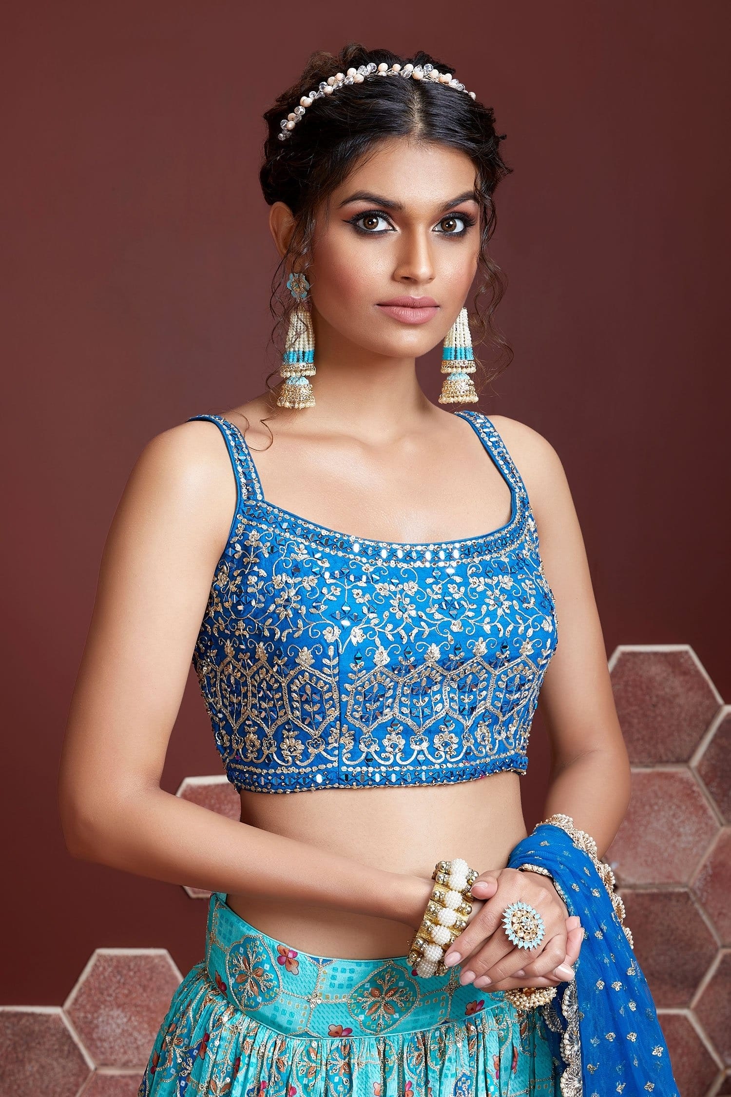 Jyoti Fashion Women's Sky Blue Pure Chinon Silk Digital Print with Heavy Embroidered Lehenga Choli & Dupatta