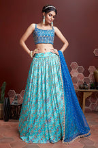 Jyoti Fashion Women's Sky Blue Pure Chinon Silk Digital Print with Heavy Embroidered Lehenga Choli & Dupatta