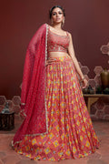 Jyoti Fashion Women's Red Pure Chinon Silk Digital Print with Heavy Embroidered Lehenga Choli & Dupatta