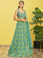 Jyoti Fashion Women's Green Organza Real Mirror with Sequins Thread Embroidered Lehenga Choli & Dupatta