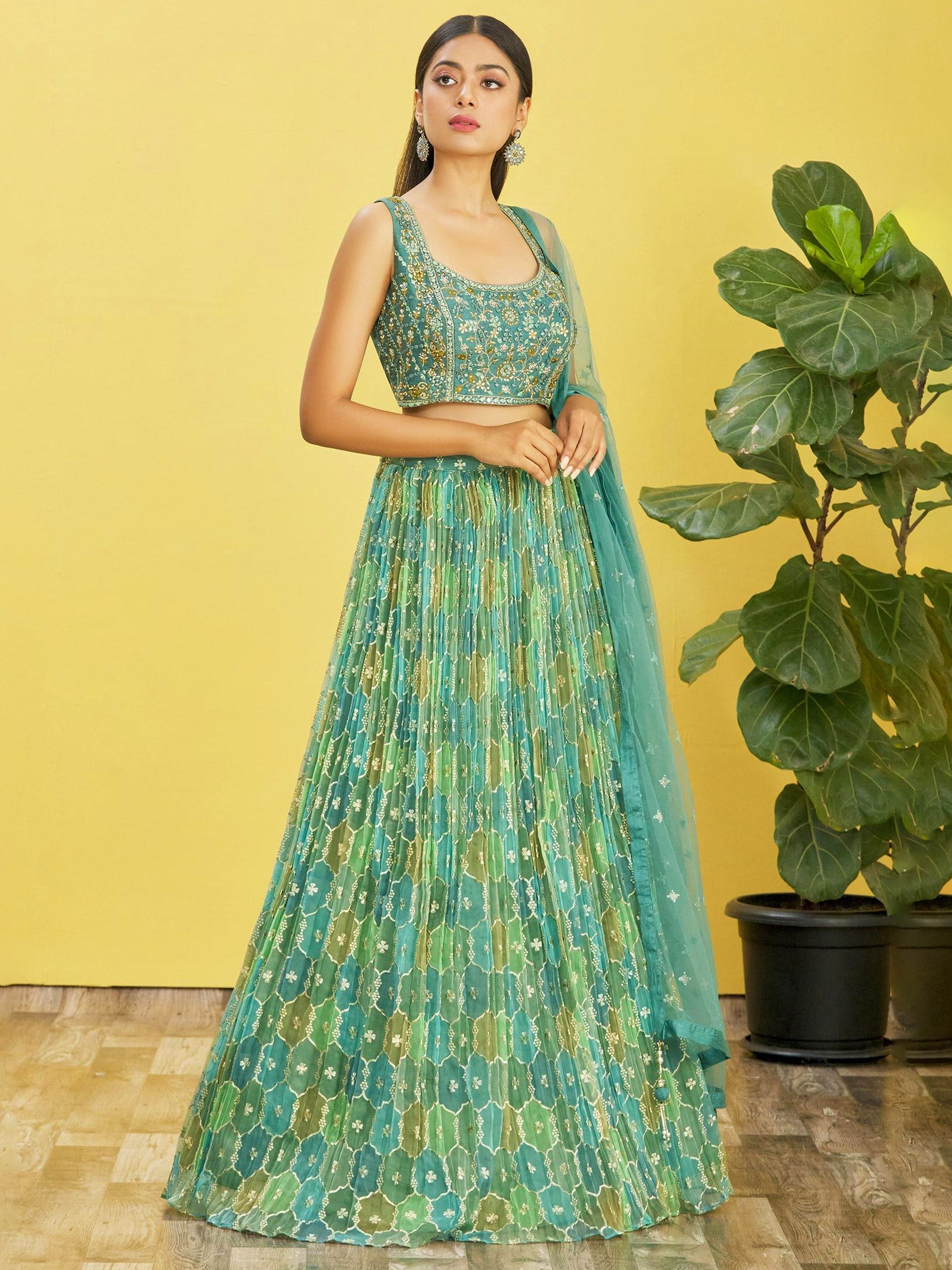 Jyoti Fashion Women's Green Organza Real Mirror with Sequins Thread Embroidered Lehenga Choli & Dupatta