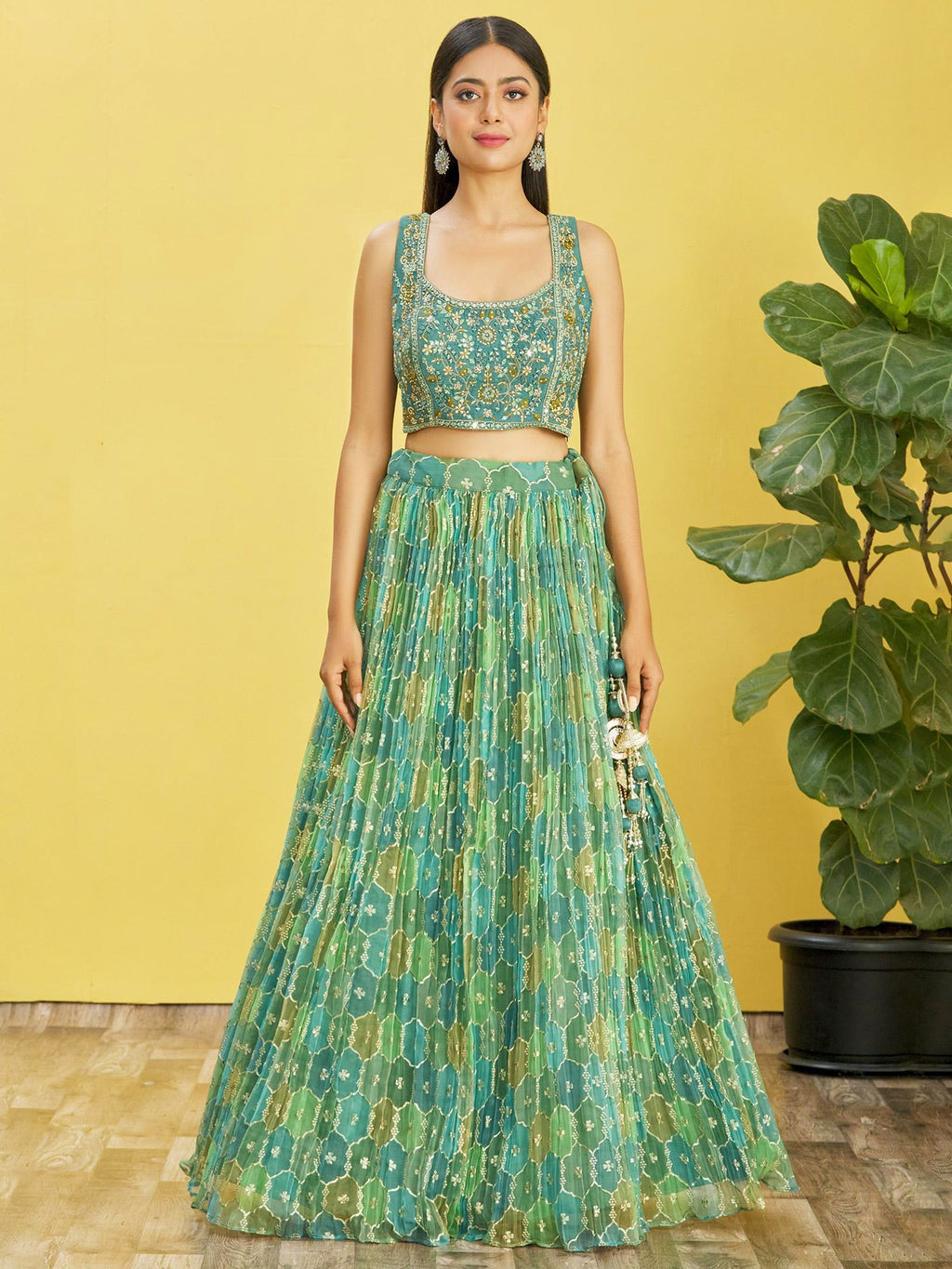 Jyoti Fashion Women's Green Organza Real Mirror with Sequins Thread Embroidered Lehenga Choli & Dupatta