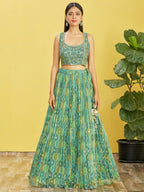 Jyoti Fashion Women's Green Organza Real Mirror with Sequins Thread Embroidered Lehenga Choli & Dupatta