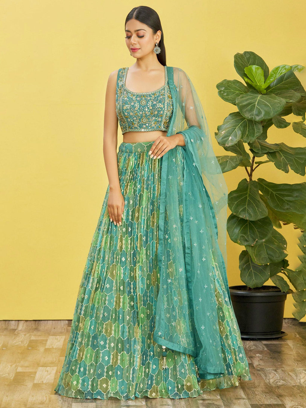 Jyoti Fashion Women's Green Organza Real Mirror with Sequins Thread Embroidered Lehenga Choli & Dupatta