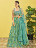 Jyoti Fashion Women's Green Organza Real Mirror with Sequins Thread Embroidered Lehenga Choli & Dupatta