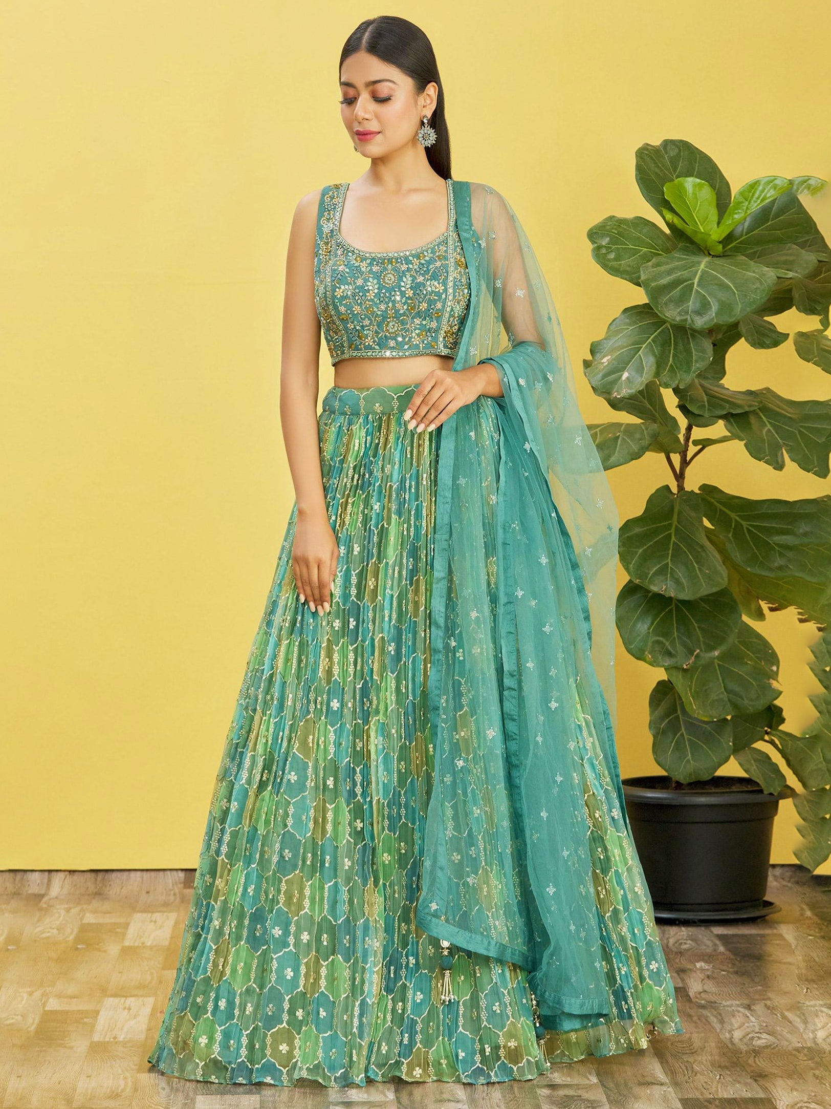 Jyoti Fashion Women's Green Organza Real Mirror with Sequins Thread Embroidered Lehenga Choli & Dupatta