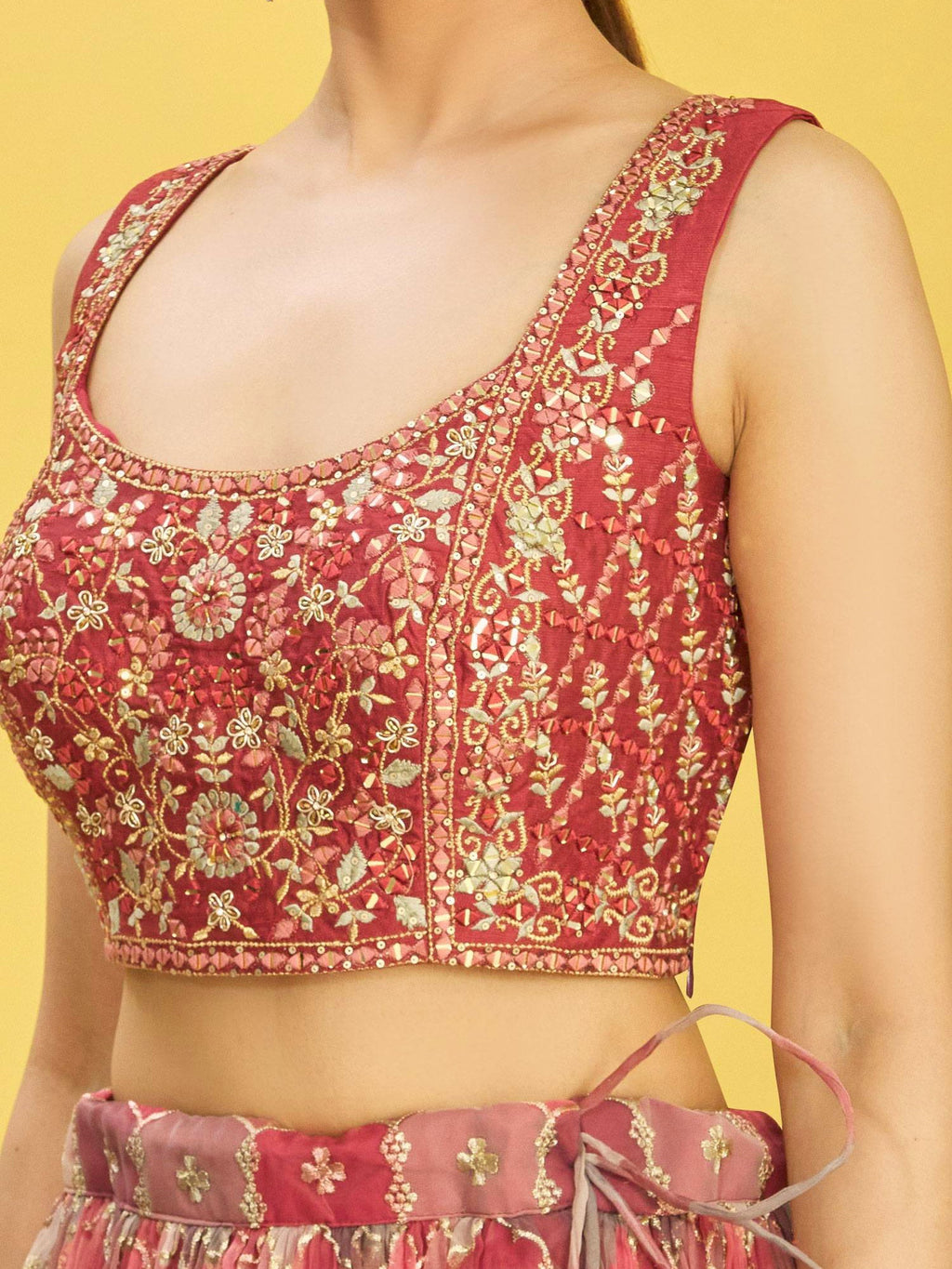 Jyoti Fashion Women's Brown Organza Real Mirror with Sequins Thread Embroidered Lehenga Choli & Dupatta