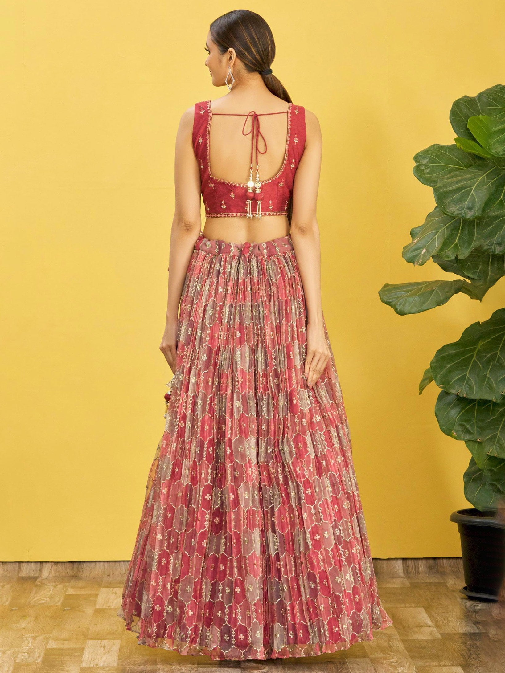 Jyoti Fashion Women's Brown Organza Real Mirror with Sequins Thread Embroidered Lehenga Choli & Dupatta