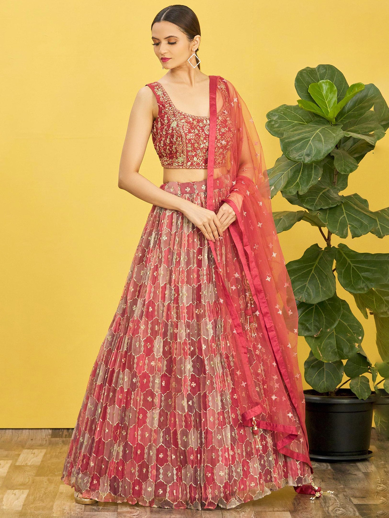 Jyoti Fashion Women's Brown Organza Real Mirror with Sequins Thread Embroidered Lehenga Choli & Dupatta
