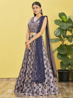 Jyoti Fashion Women's Blue Chinon Real Mirror with Sequins Thread Embroidered Lehenga Choli & Dupatta