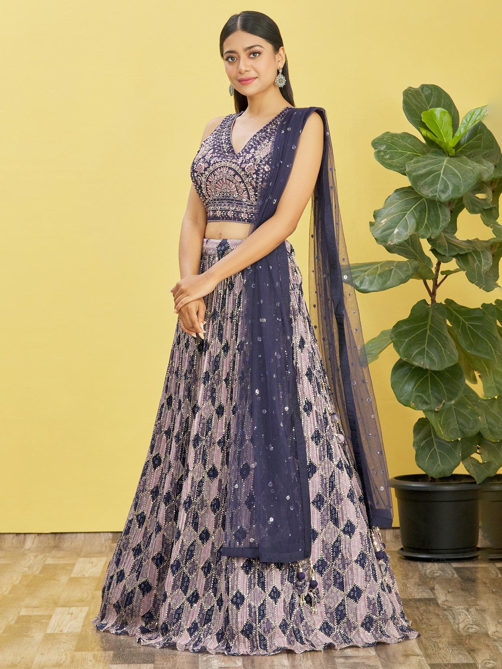 Jyoti Fashion Women's Blue Chinon Real Mirror with Sequins Thread Embroidered Lehenga Choli & Dupatta