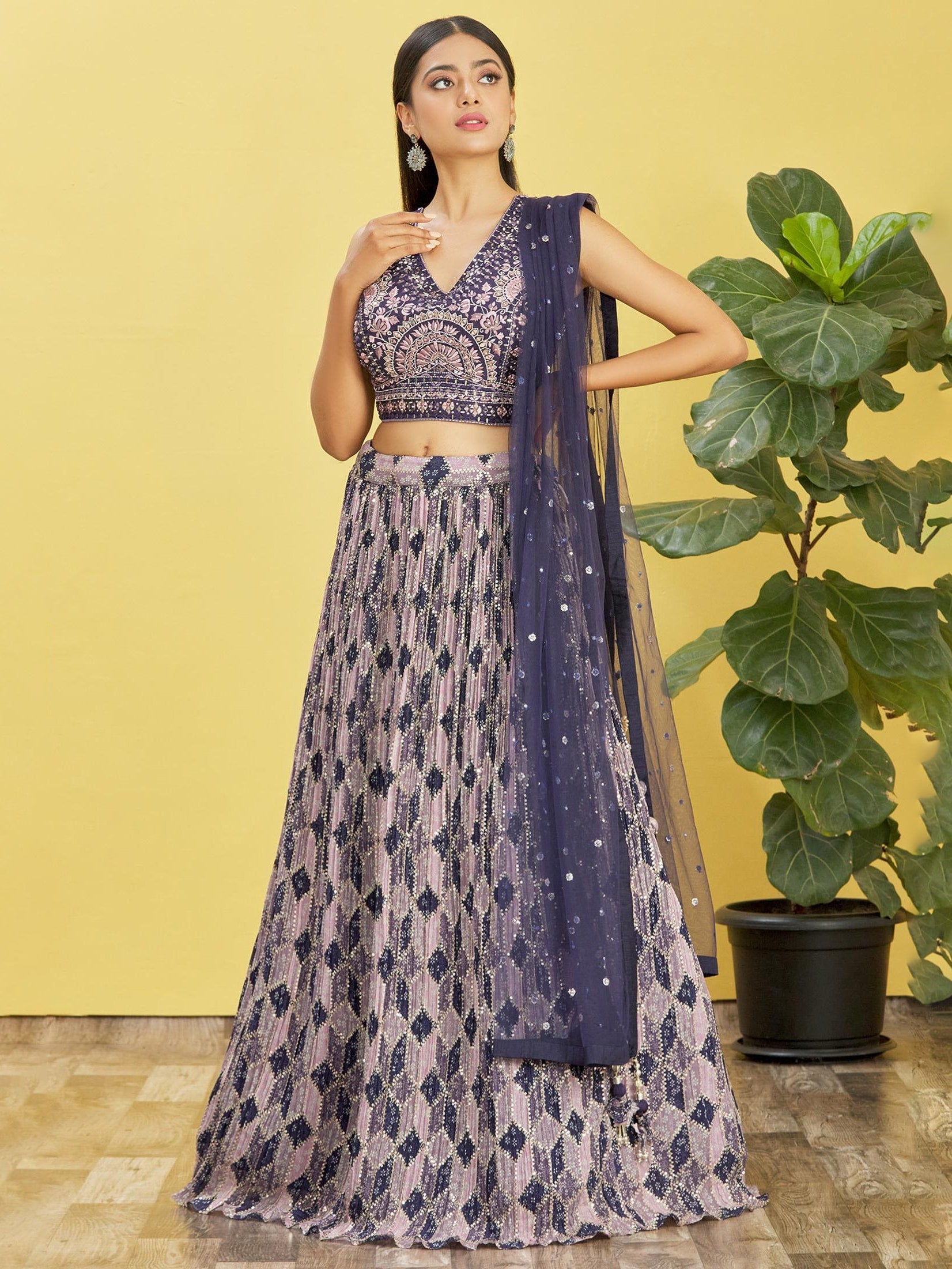 Jyoti Fashion Women's Blue Chinon Real Mirror with Sequins Thread Embroidered Lehenga Choli & Dupatta