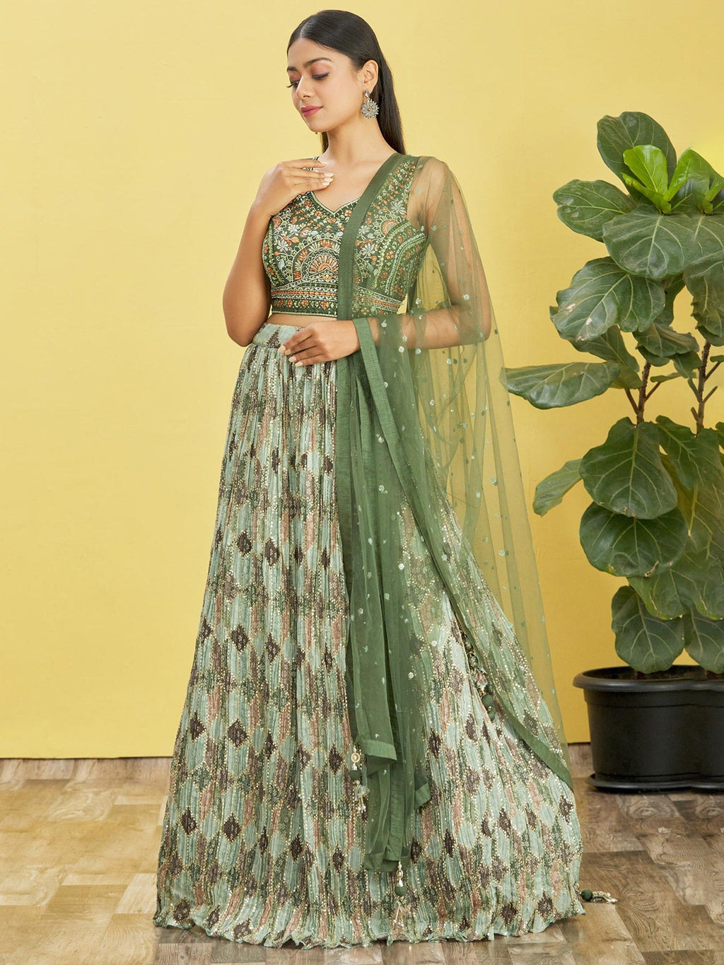 Jyoti Fashion Women's Green Chinon Real Mirror with Sequins Thread Embroidered Lehenga Choli & Dupatta
