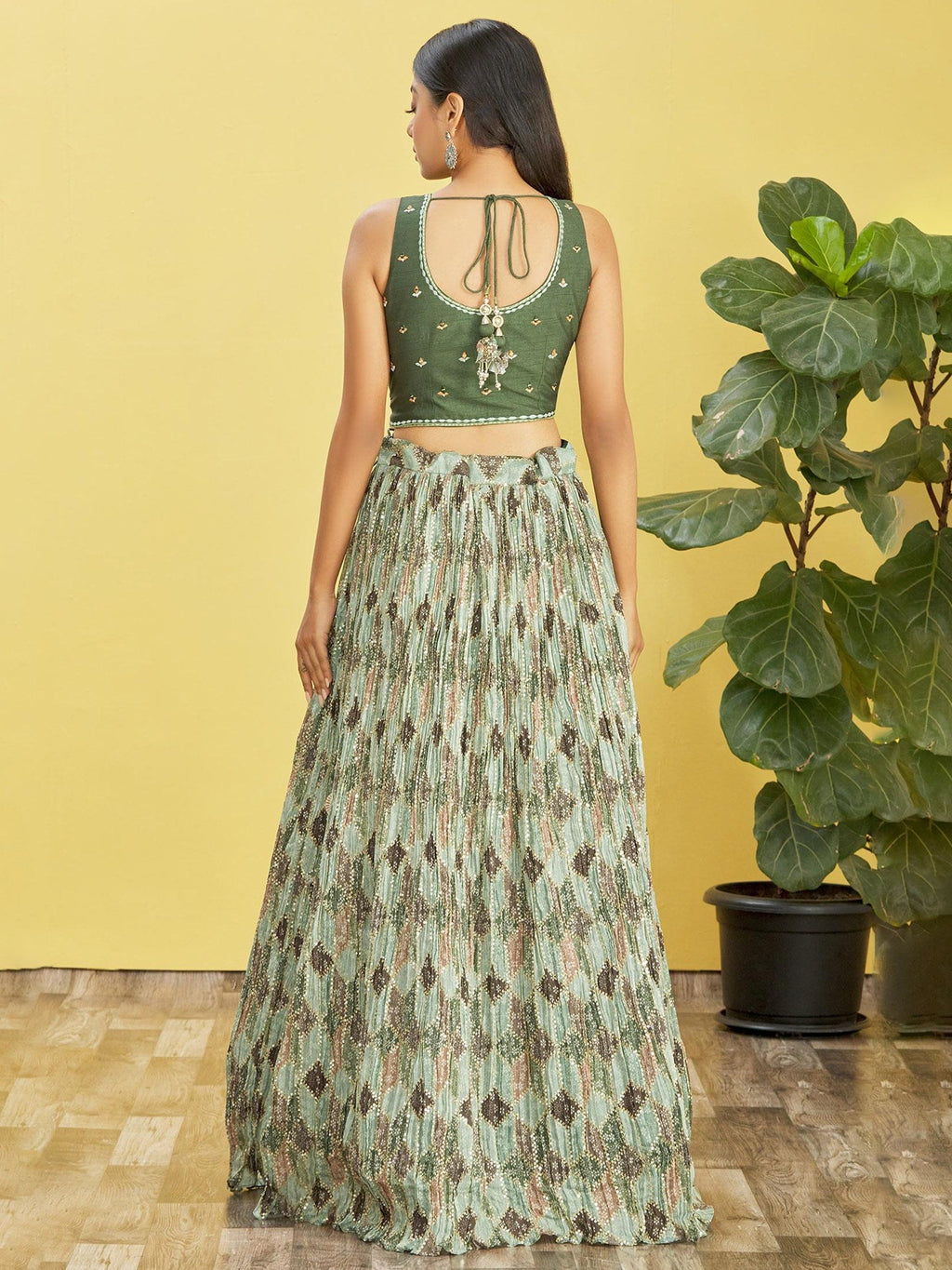 Jyoti Fashion Women's Green Chinon Real Mirror with Sequins Thread Embroidered Lehenga Choli & Dupatta
