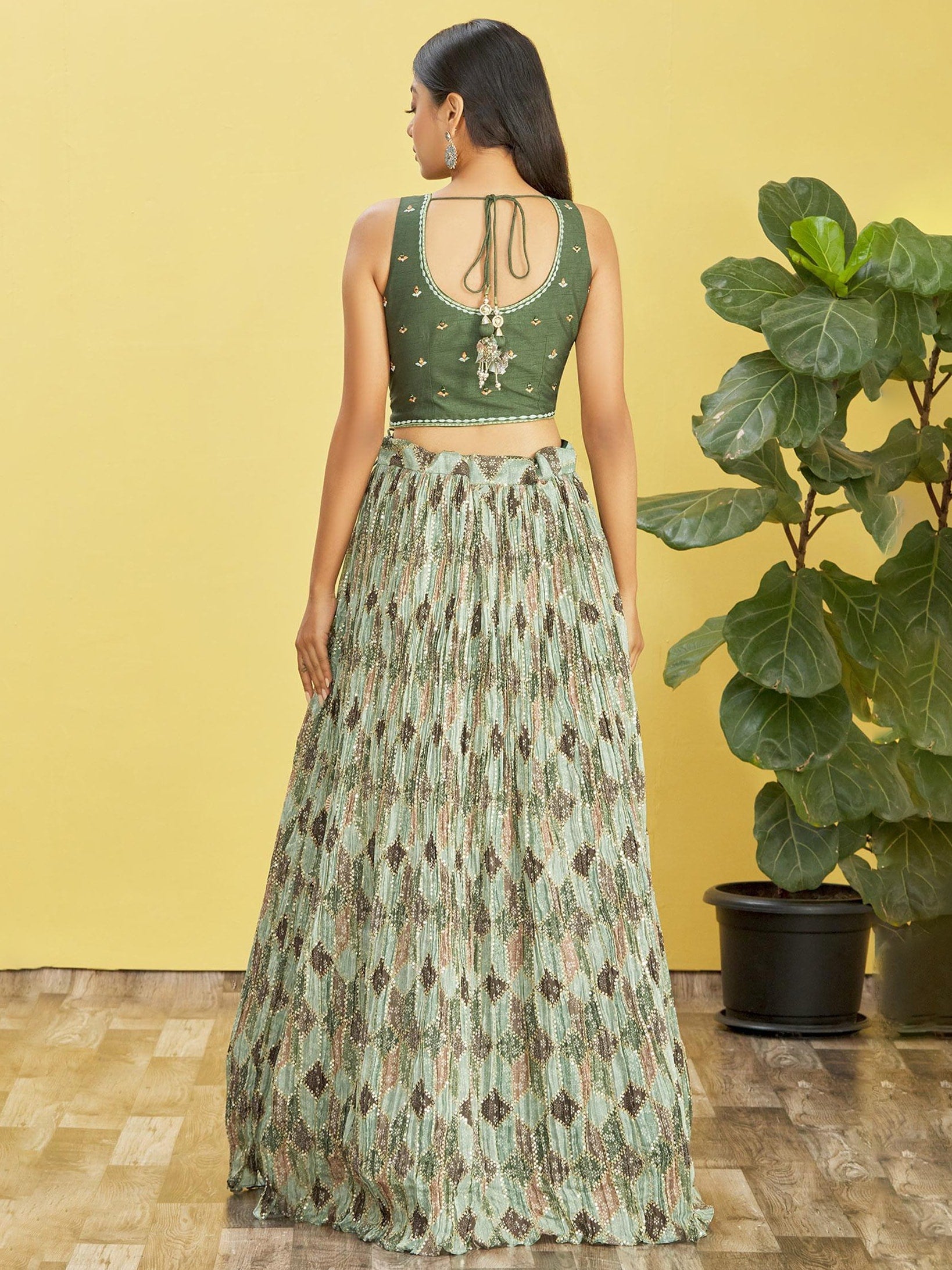 Jyoti Fashion Women's Green Chinon Real Mirror with Sequins Thread Embroidered Lehenga Choli & Dupatta