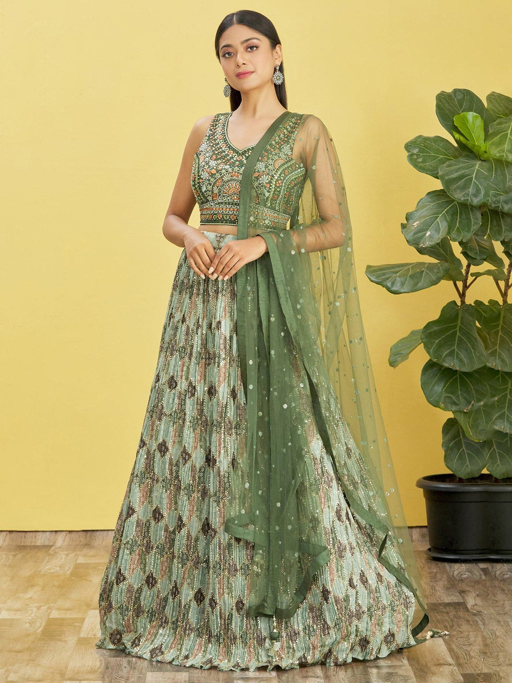 Jyoti Fashion Women's Green Chinon Real Mirror with Sequins Thread Embroidered Lehenga Choli & Dupatta