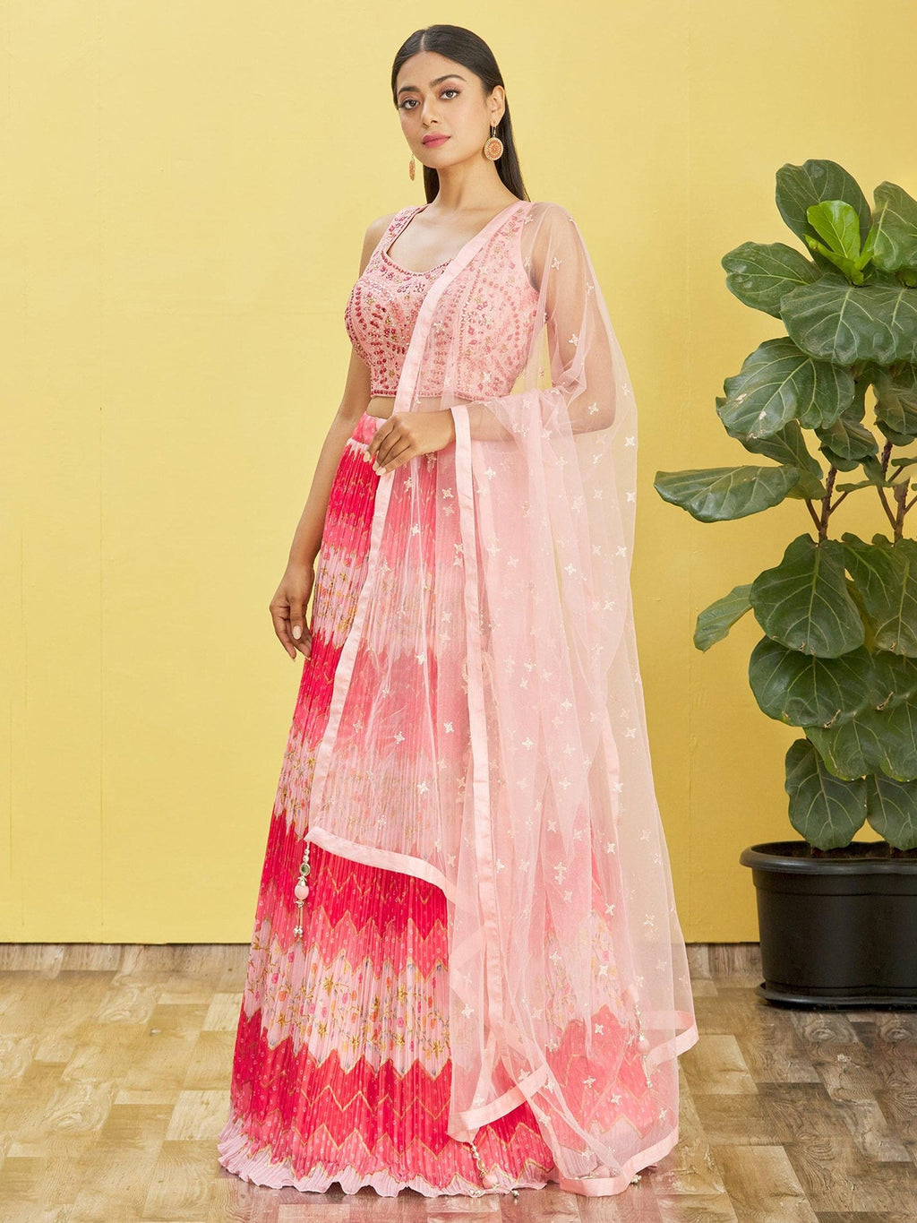 Jyoti Fashion Women's Pink Chinon Real Mirror with Sequins Thread Embroidered Lehenga Choli & Dupatta
