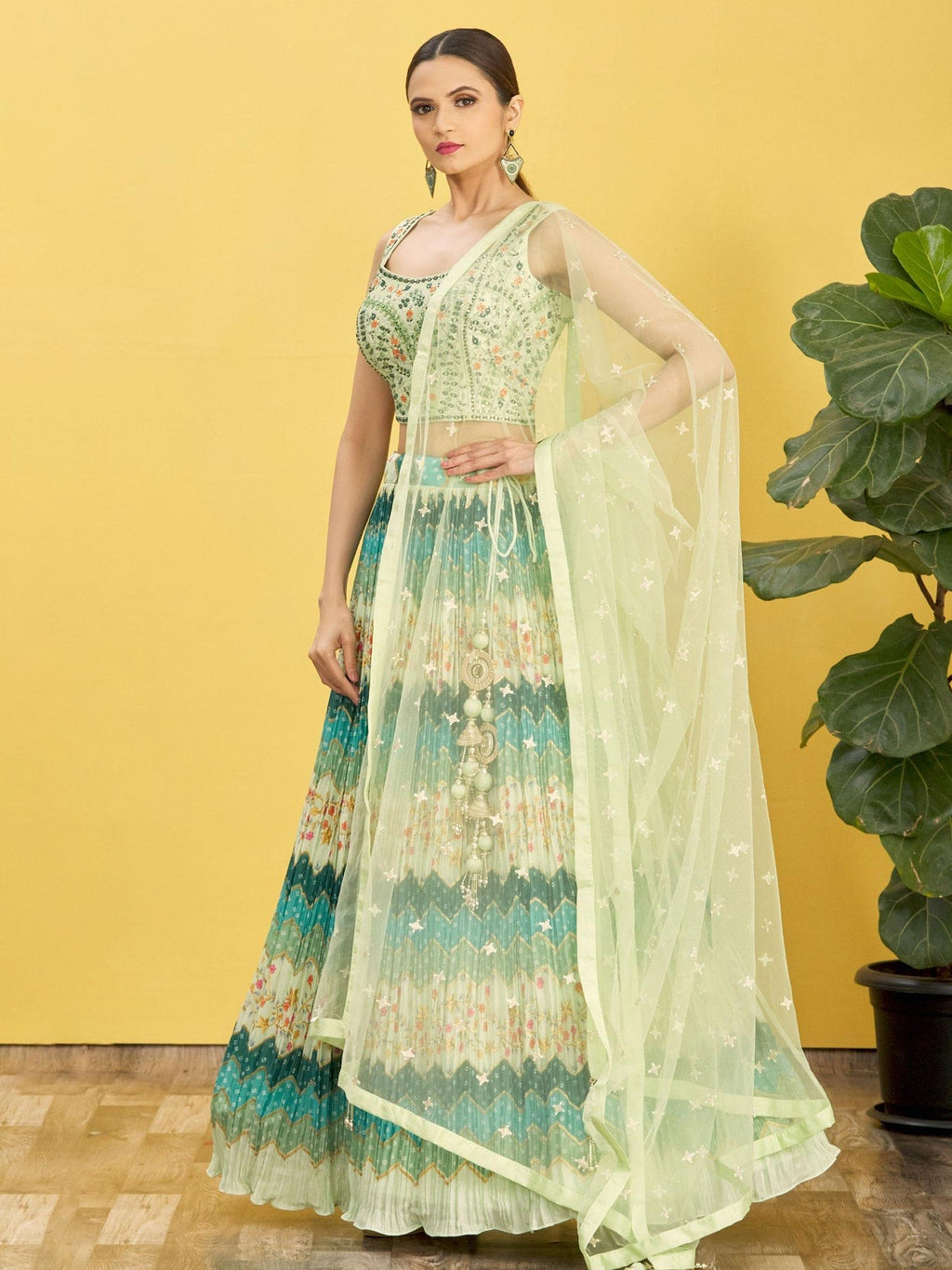 Jyoti Fashion Women's Green Chinon Real Mirror with Sequins Thread Embroidered Lehenga Choli & Dupatta