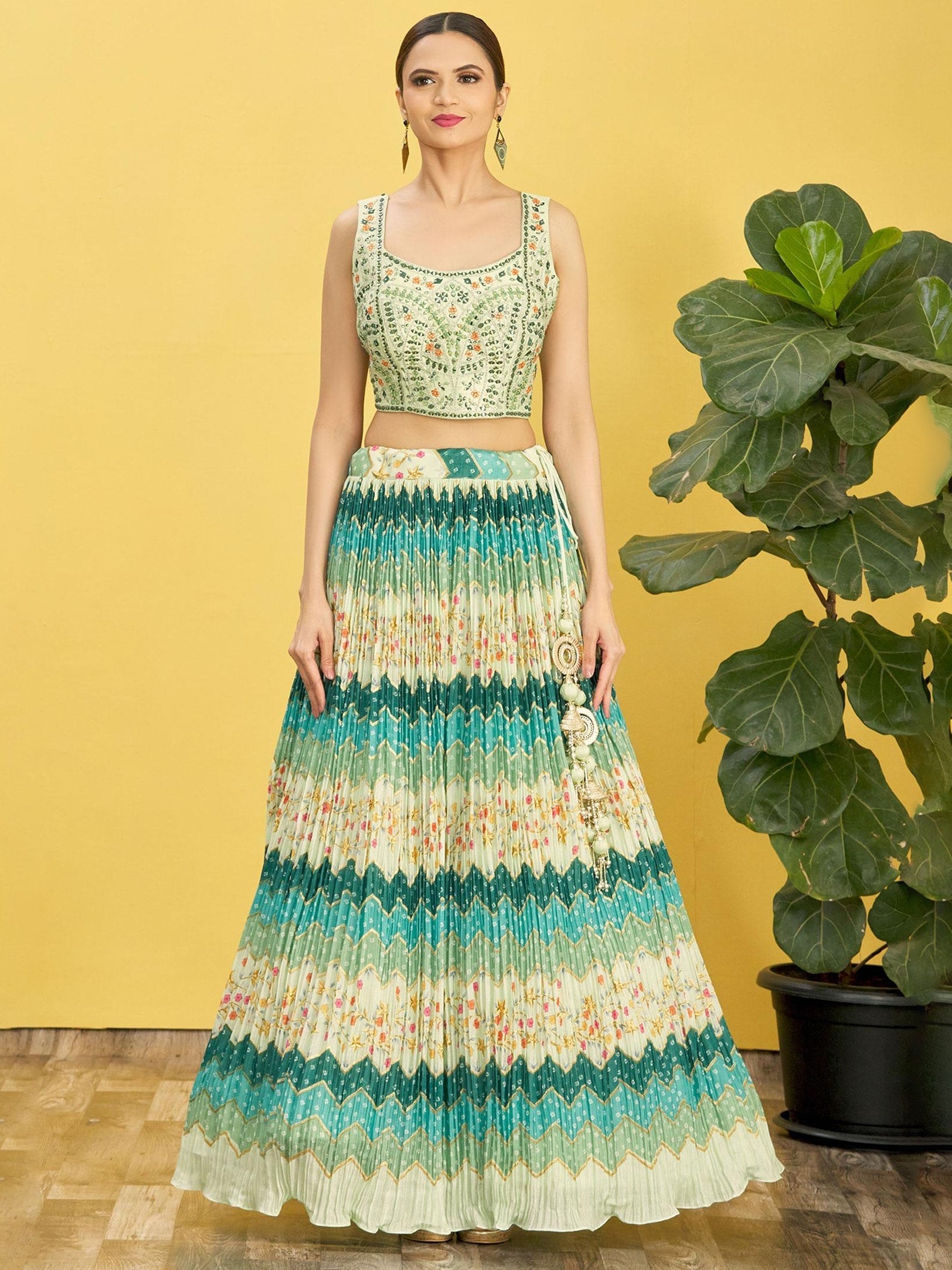 Jyoti Fashion Women's Green Chinon Real Mirror with Sequins Thread Embroidered Lehenga Choli & Dupatta