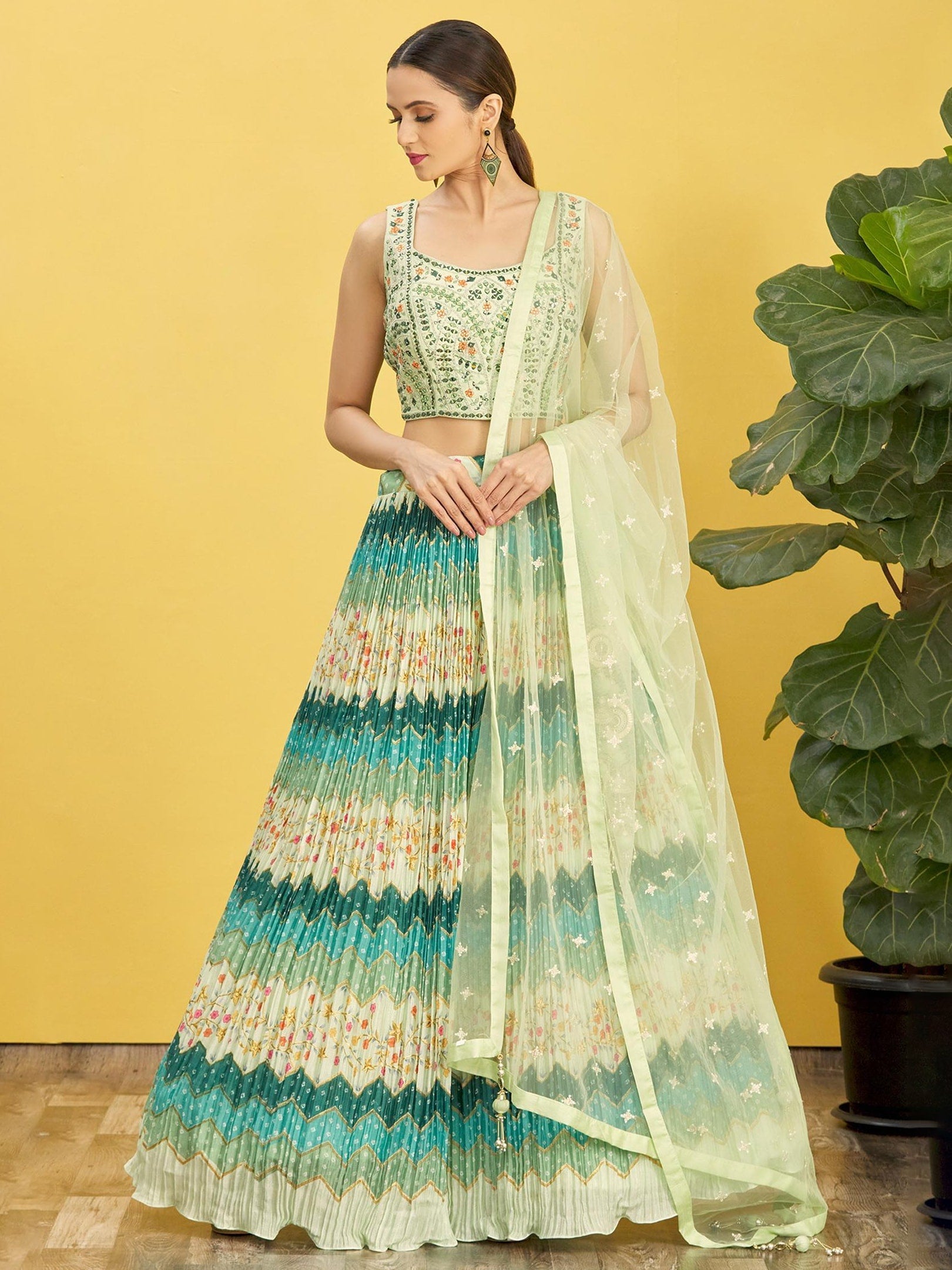 Jyoti Fashion Women's Green Chinon Real Mirror with Sequins Thread Embroidered Lehenga Choli & Dupatta