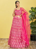 Jyoti Fashion Women's Pink Chinon Real Mirror with Sequins Thread Embroidered Lehenga Choli & Dupatta