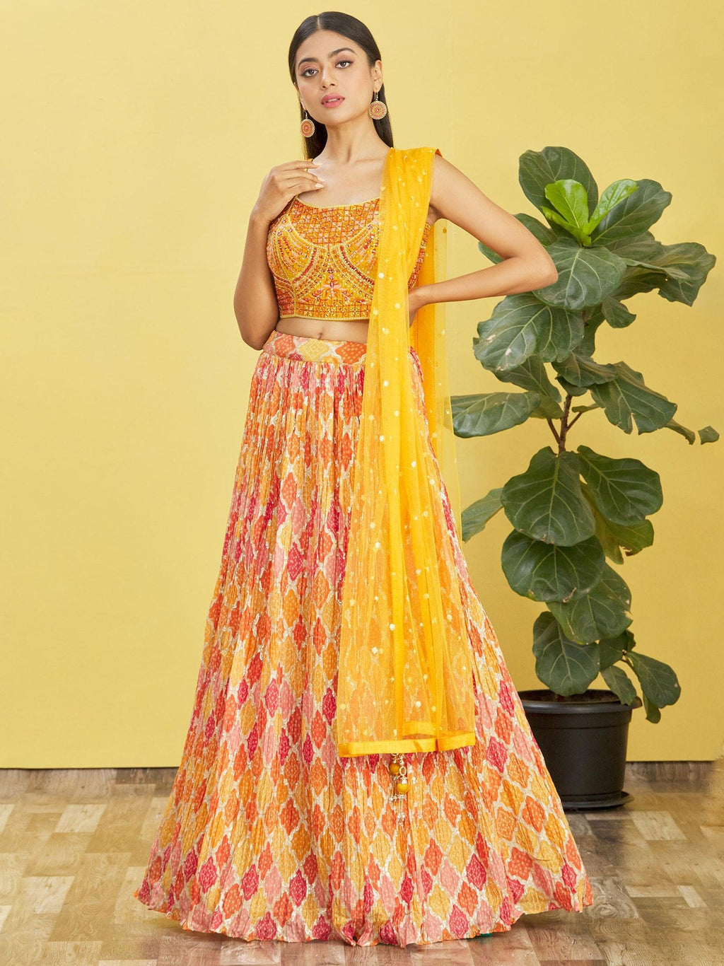 Jyoti Fashion Women's Yellow Chinon Real Mirror with Sequins Thread Embroidered Lehenga Choli & Dupatta