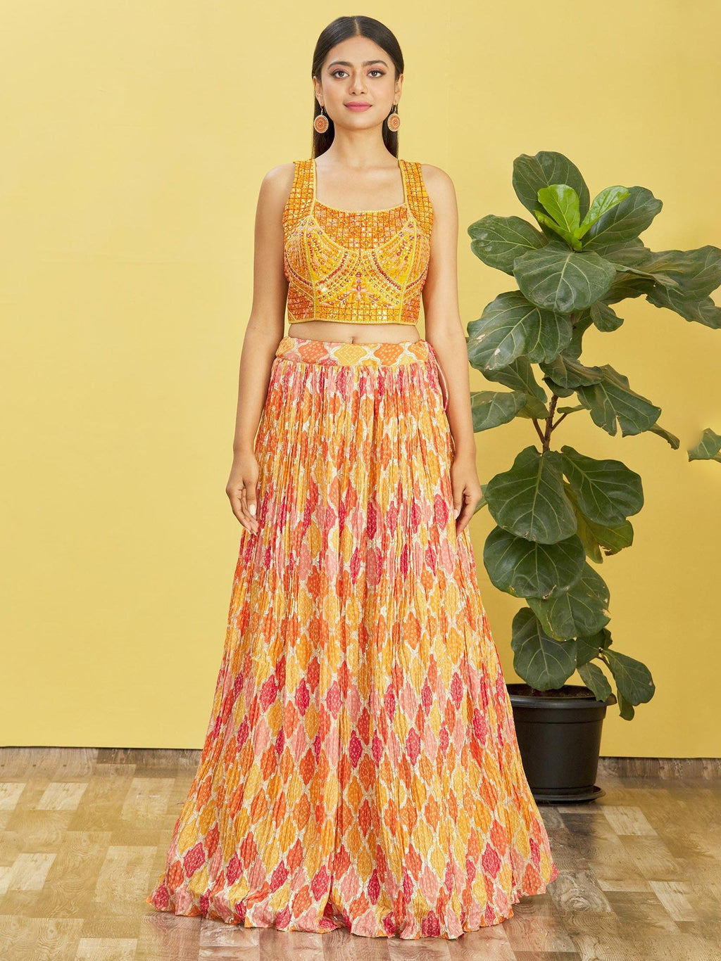 Jyoti Fashion Women's Yellow Chinon Real Mirror with Sequins Thread Embroidered Lehenga Choli & Dupatta