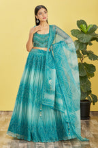 Jyoti Fashion Women's Blue Organza Real Mirror with Sequins Thread Embroidered Lehenga Choli & Dupatta