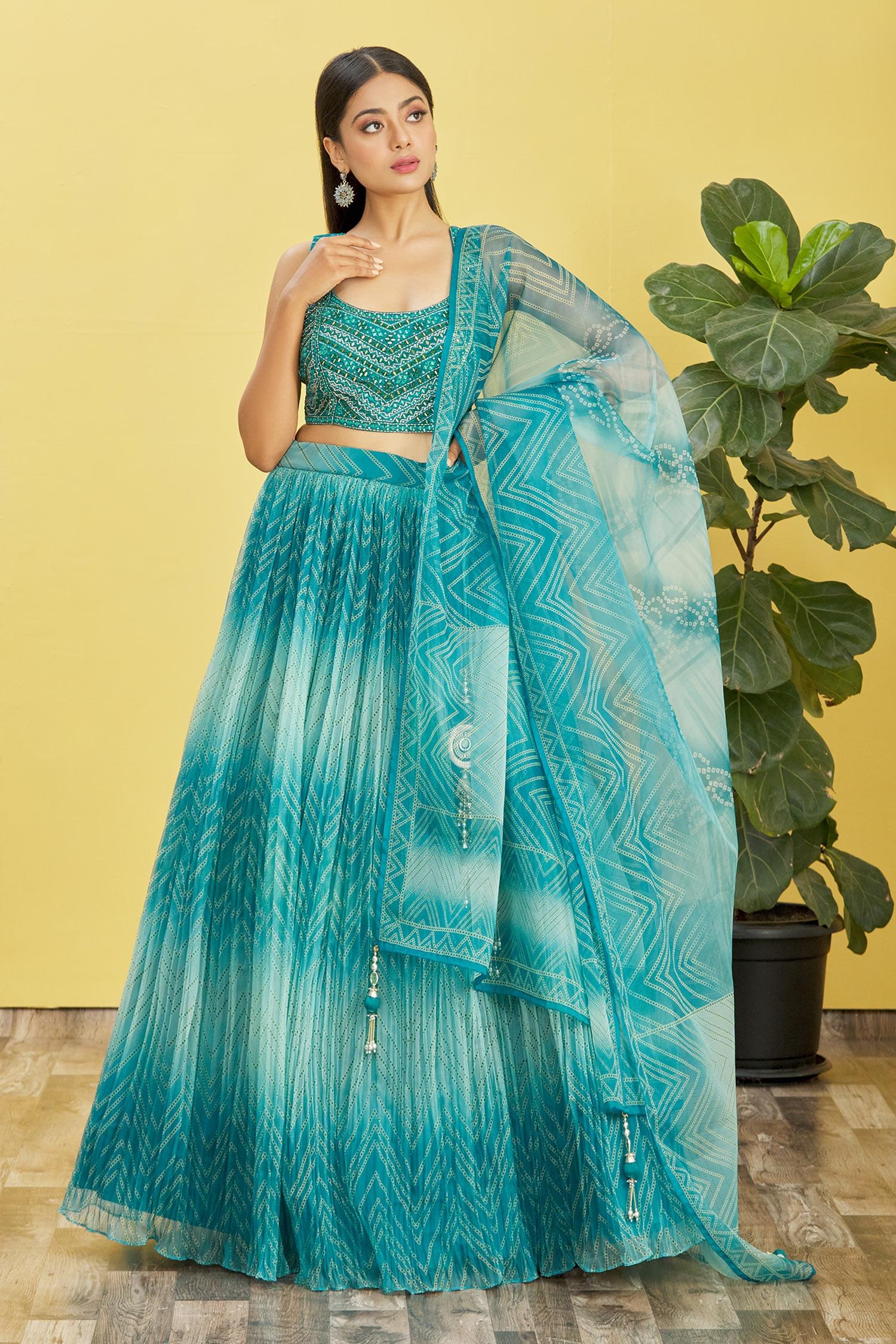 Jyoti Fashion Women's Blue Organza Real Mirror with Sequins Thread Embroidered Lehenga Choli & Dupatta