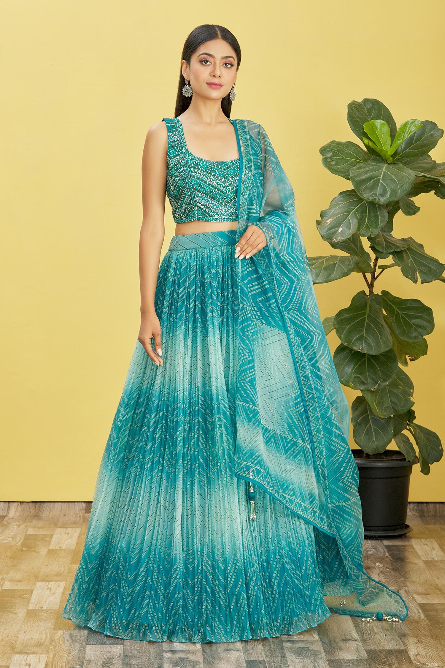 Jyoti Fashion Women's Blue Organza Real Mirror with Sequins Thread Embroidered Lehenga Choli & Dupatta
